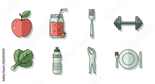 Healthy lifestyle essentials: fitness, nutrition, and wellness icons set