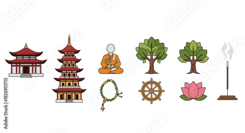 Buddhism icons: temples, monk, nature elements, symbols