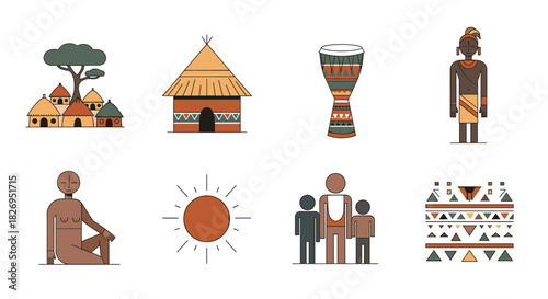 African culture: traditional symbols and designs in flat style
