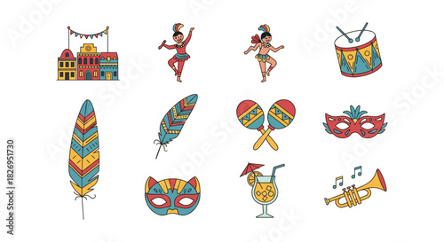 Colorful carnival icons set: festive costumes, masks, and musical instruments