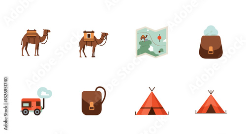 Adventure icons: camels, maps, bags, and tents for travel enthusiasts