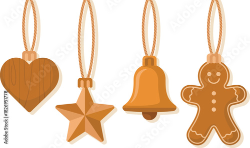 Christmas ornaments heart star bell gingerbread man hanging
