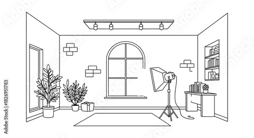Minimalistic room with lighting equipment and indoor plants outline