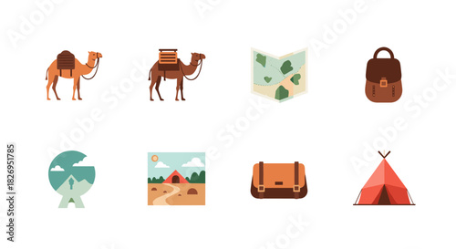 Desert adventure icons with camels, maps, bags, and tents in flat design