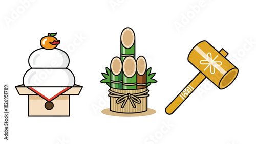 Japanese New Year Decorations - Mochi, Kadomatsu, and Lucky Mallet.