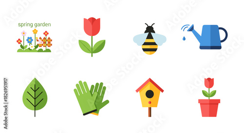 Colorful gardening icons set featuring flowers, tools, and nature elements