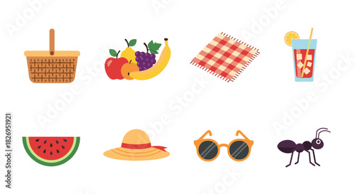 Picnic essentials: flat design icons of basket, fruits, blanket, and more