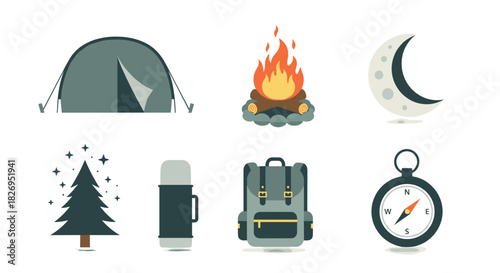Camping adventure essentials: tent, campfire, backpack, and compass icons
