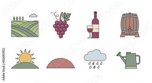 Vineyard elements with wine bottle and agricultural symbols in flat design