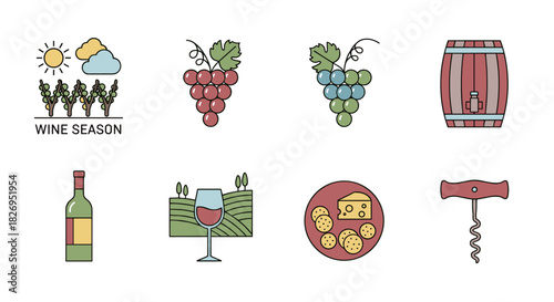 Wine harvest season: colorful icons of grapes, vineyard, and wine accessories