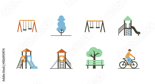 Minimalist park icons featuring playground equipment and recreation activities