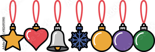 Collection of seven colorful Christmas ornaments on red ribbons