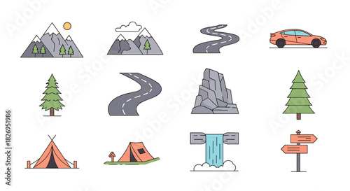 Minimalist travel and adventure icons with camping and road trip elements