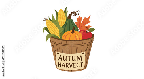 Autumn harvest basket with pumpkins, corn, and leaves in flat style