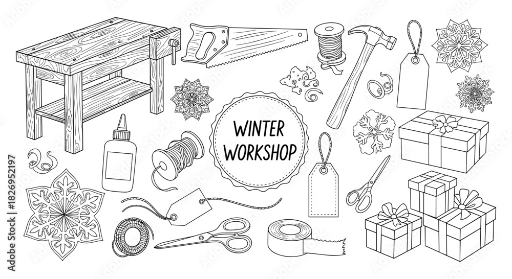 Fototapeta premium Winter workshop outline: holiday craft tools and decorations in black and white