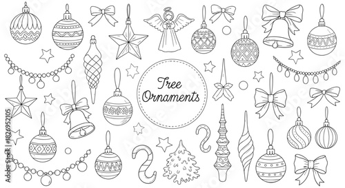 Festive christmas ornament set with bells, stars, angels, and baubles in linear style