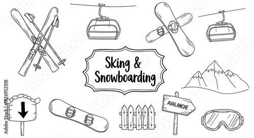 Winter sports equipment and symbols collection in linear style