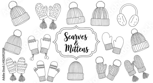 Cozy winter hats and mittens collection in black and white line art style