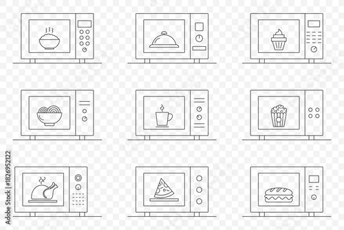 Microwave Food Heating Icon Set. Solid Fill Stock Vector with Bowl, Dish Cover, Cupcake, Heart Bowl, Coffee Mug, Popcorn, Chicken Roast, Pizza Slice and Bread Symbols.