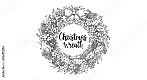 Intricate black and white christmas wreath with pinecones and berries