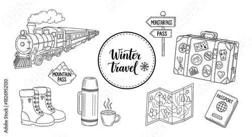 Winter travel essentials: train adventure with luggage, map, and cozy accessories in line art style