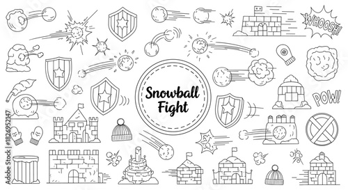 Playful winter snowball fight with hand drawn doodles and castles