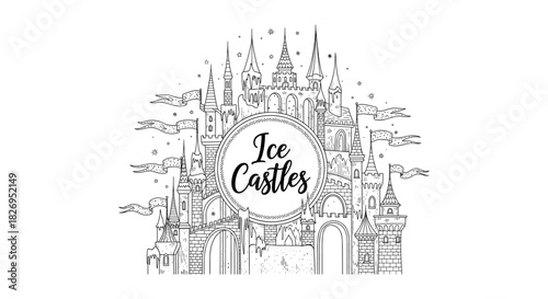 Enchanting fantasy ice castle silhouette with detailed line art and magical fairytale design
