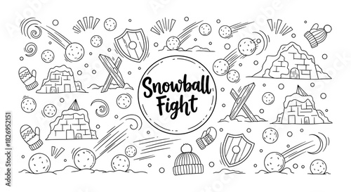 Playful snowball fight doodles with igloos and shields in black and white