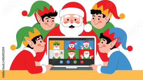 Santa Claus and elves on a video call with Christmas characters