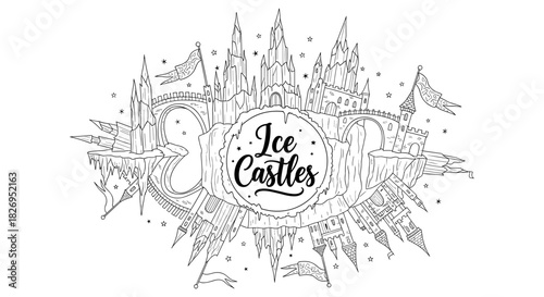 Intricate ice castle design with majestic towers and flags