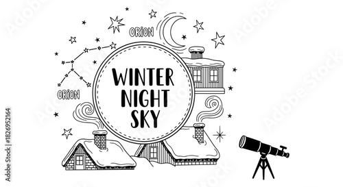 Cozy winter night sky with snow-covered houses and telescope observing orion constellation