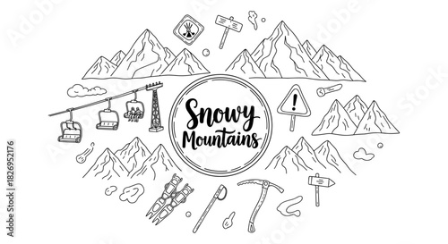 Hand-drawn mountain adventure icon set with skiing and hiking elements