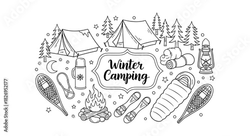 Winter camping adventure in black and white with tents and gear