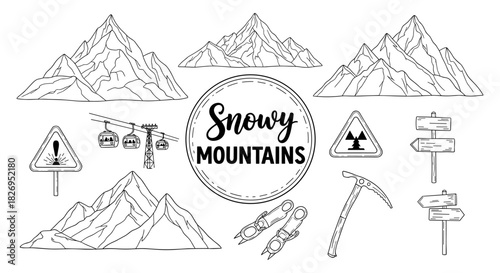 Snowy mountain elements: outline collection of peaks, signage, and gear