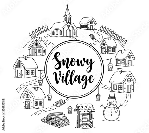 Charming snowy village scene with winter elements and cozy houses in linear style