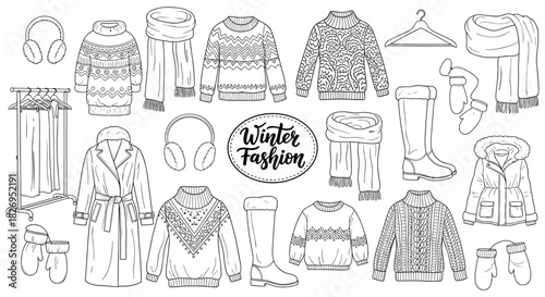 Winter fashion collection: cozy outfits and accessories in black and white line art