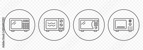 Microwave icon set. Includes microwave icons, and More. Outline icons vector collection. Microwave linear icons set isolated on transparent background.