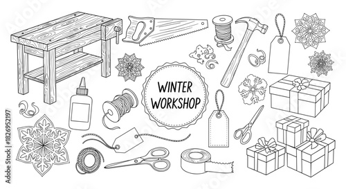 Winter workshop outline: holiday craft tools and decorations in black and white