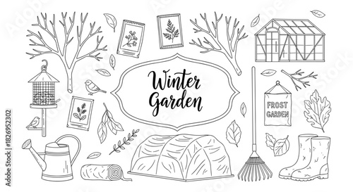 Winter garden outline elements: trees, birds, and greenhouse in black and white