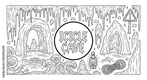 Monochrome icicle cave adventure with lantern and rope in sketch style