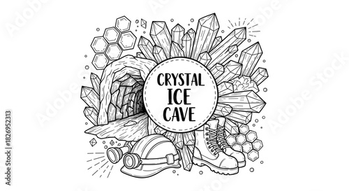 Intricate adventure theme with crystals and caving elements in linear style