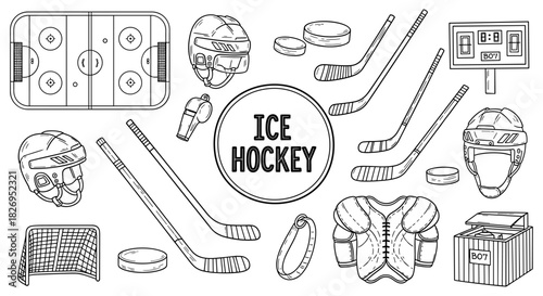 Black and white ice hockey equipment and rink elements set