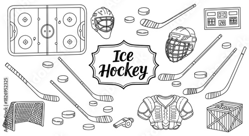Ice hockey equipment set: sticks, helmets, and rink elements in linear style