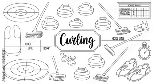 Curling equipment outline: stones, brooms, shoes, and scoring elements in linear style