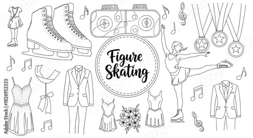 Elegant figure skating icons and outfits in linear black and white style
