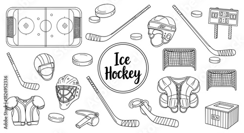 Linear ice hockey equipment set: sticks, helmets, pucks, and goals