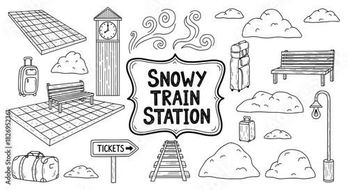 Snowy train station elements: black and white sketch of benches, tracks, and luggage