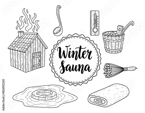 Cozy winter sauna icons with hand drawn style elements