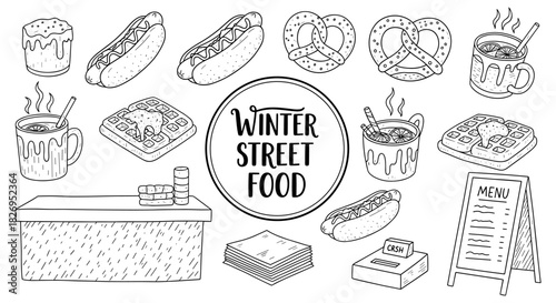 Cozy winter street food: hot drinks, waffles, pretzels, and more in black and white