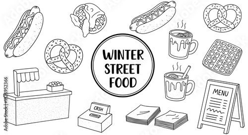 Winter street food delights in sketch style with hot drinks, pretzels, and waffles